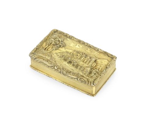 A William IV silver gilt castle-top snuff boxJoseph Willmore, Birmingham 1832Rectangular, the cover with a high-relief depict