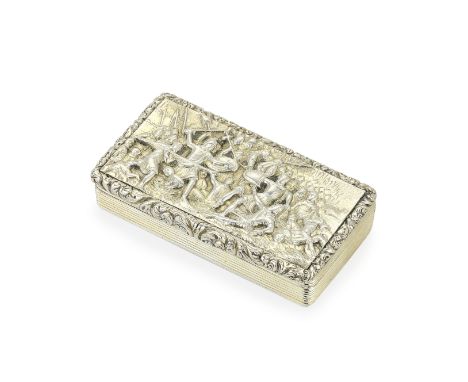 A George IV silver-gilt snuff boxEdward Smith, Birmingham 1827 Rectangular, the cover with a relief scene of a crusader battl