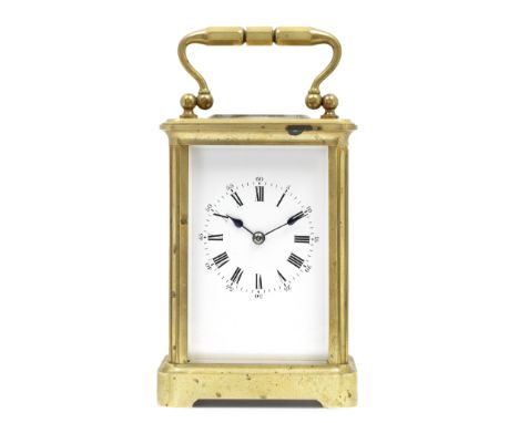 A late 19th century gilt brass corniche carriage clock with original travelling casemarked A.Dumasthe case with ribbed handle