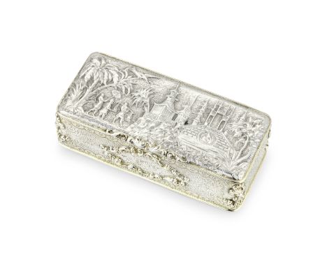 A 19th century French silver chinoiserie snuff boxand with later Russian import mark,Rectangular, the cover chinoiserie detai