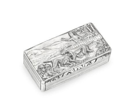 A George IV silver snuff BoxThomas Shaw, Birmingham 1828Rectangular, the cover with a relief scene of a hunter and a pair of 