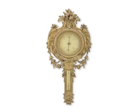 A 19th century French giltwood wall barometer and thermometerin the Louis XVI stylethe 9' paper dial marked in ink from 27 to