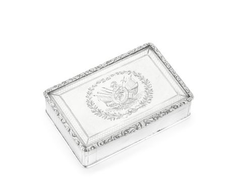 A Victorian silver snuff boxEdward Smith, Birmingham 1838 Rectangular, engraved with a strap and buckle cartouche and martial