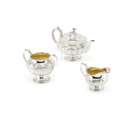 A George IV / Victorian matched silver three-piece tea servicethe teapot by Charles Fox, London 1824, the cream and sugar bow