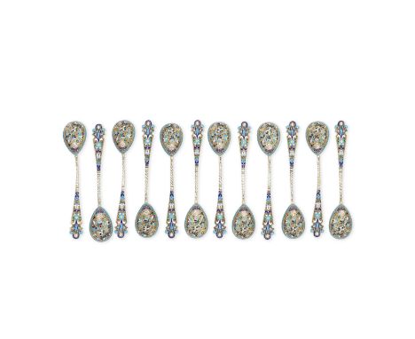 A set of twelve silver and enamelled Russian teaspoonsDmitry Nicholayev, Kokoshnik mark for Moscow 1908-1917, identity symbol