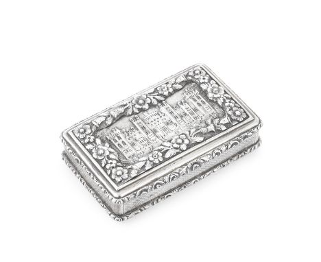 A Victorian silver castle-top snuff boxEdward Smith, Birmingham 1844 Rectangular form, a hinged lid with a view of Windsor Ca