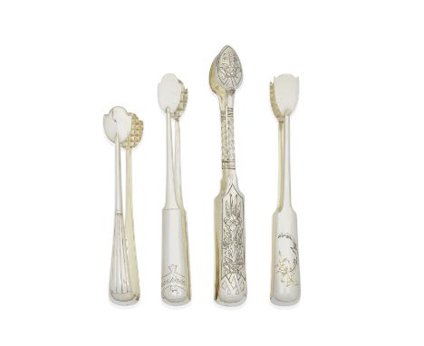 A pair of Russian silver tongsKarl Fabergé 1898 - 1908 period marks With reeded handles, length 11.5cm; together with three f