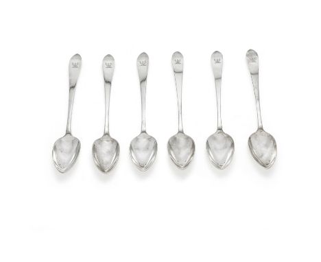 A set of six Irish provincial silver pointed end serving spoonsJoseph Gibson, Cork, circa 1790, stamped GIBSON and STERLING L