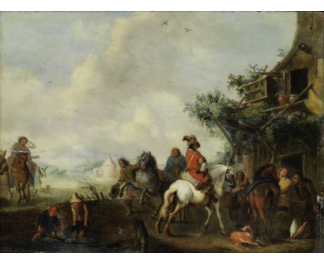 Follower of Carel van Falens (Antwerp 1683-1733 Paris)Figures outside an innoil on panel 27.6 x 37cm (10 7/8 x 14 9/16in).For
