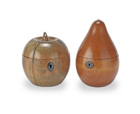 A 19th century Continental turned fruitwood pear tea caddy and a similar period Continental turned fruitwood melon tea caddyp