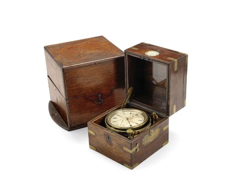 A 19h century brass bound mahogany cased marine chronometer with wooden travelling casethe dial signed Hennessy, Maker to the