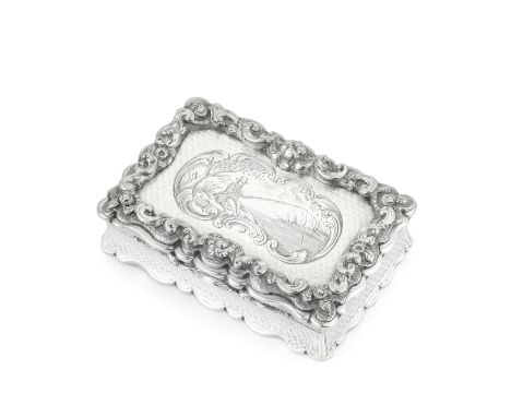 A Victorian silver snuff boxYapp &amp; Woodward, Birmingham 1851 Cartouche form, the cover with an engraving of an angler, wi