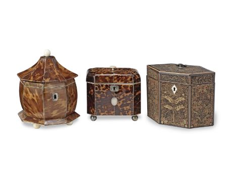 Two early 19th century tortoiseshell and ivory and pewter strung tea caddies together with a George III scroll paper tea cadd