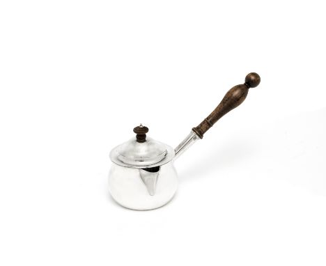 A George III Irish silver covered brandy panJohn Stoyte, Dublin 1801 Plain baluster form with turned wood side handle, the sh