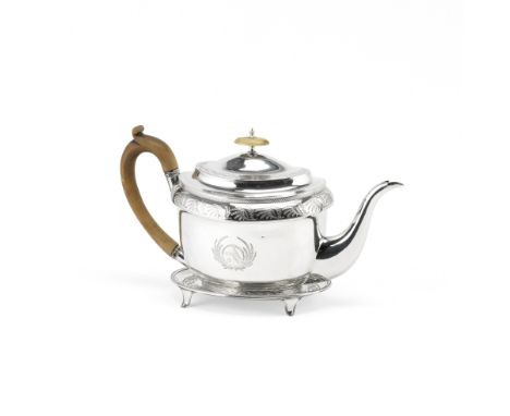 A George III silver teapot and standJohn Emes, London 1803 Shaped-oval form with banded bright-cut engraved foliate borders, 