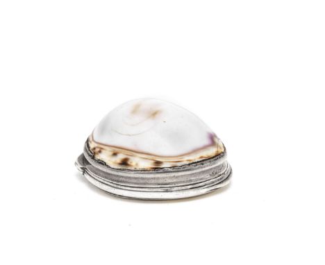 An 18th century Irish silver mounted cowrie shell snuff boxthe cover with harp and Hibernia, the mount with Hibernia, circa 1