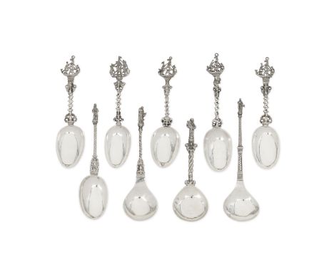 A collection of fifteen silver spoonsFive Dutch spoons with galleon terminals, four other Dutch spoons, figural terminals, tw