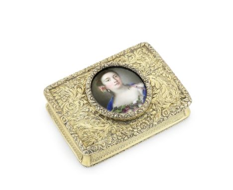 A George III silver-gilt and enamelled portrait snuff boxJoseph Willmore, Birmingham 1825Rectangular, the cover set with an e