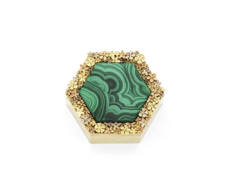 STUART DEVLIN: a unique 18 carat gold and malachite boxLondon 1979Hexagonal form, with fine textured and polished sides, hing