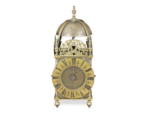 A brass lantern clockthe dial signed John Ward, parts 18th century and later the rectangular brass four pillar case with urn 