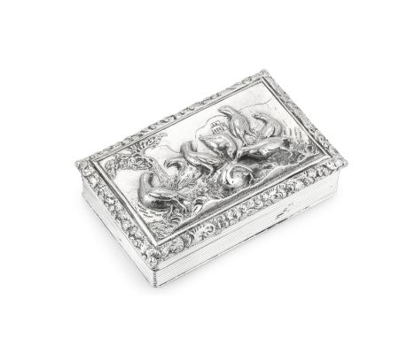 A George IV silver snuff boxWilliam Simpson, Birmingham 1829 Rectangular, the cover with a relief depiction of game birds wit