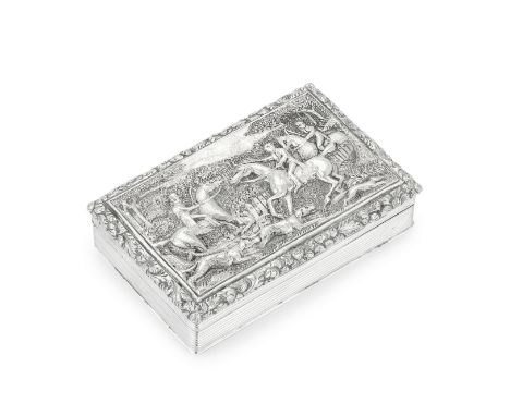 A George IV silver snuff BoxWilliam Simpson, Birmingham 1829 Rectangular, the cover with a relief fox hunting scene, relief f