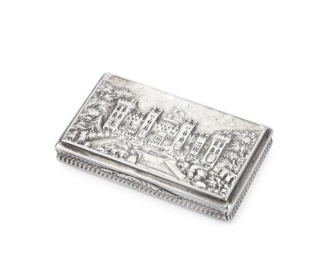A Victorian silver castle-top snuff boxNathaniel Mills, Birmingham 1838 Rectangular form, the hinged lid with view of Windsor