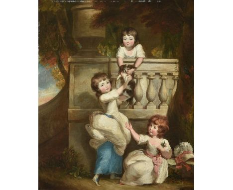 Daniel Gardner (British 1750-1805)Group portrait of three children playing at a balcony in a garden, with a spanielOil on can