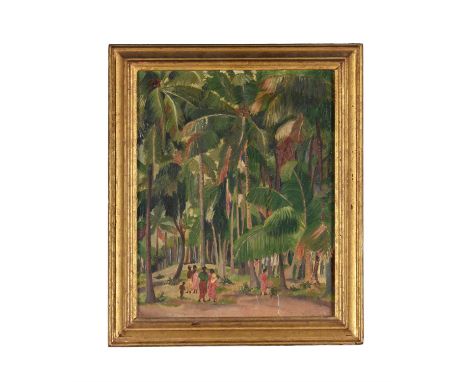 Continental School (20th century)Figures in a tropical landscapeOil on canvas laid down on panel44 x 35cm (17¼ x 13¾ in.) To 