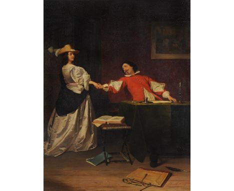 Johann Cornelius Mertz (Dutch 1819-1891)The secret couple Oil on panelSigned and dated 1859 lower right, further signed and d