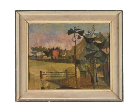 English School (20th century)The copse at sunsetOil on panel Inscribed Harold Wood/2 Spring St/London W2/The Copse at Sunset/