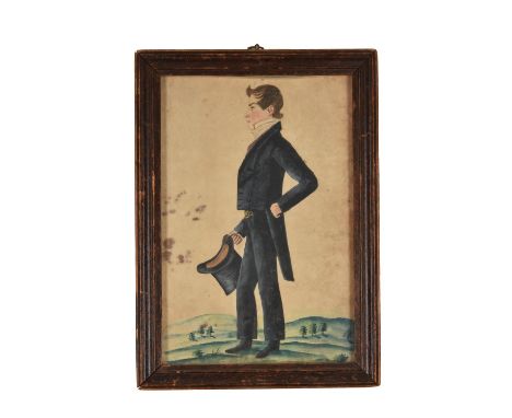 Jacob Maentel (American 1763-1863)Portrait of a man, small full-length, in profile, holding a top hatWatercolour 29.3 x 19cm 