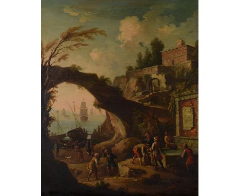 Follower of Claude Joseph VernetA rocky coastal inlet with figures at a fountain, a hilltop villa beyondOil on canvas127.6 x 
