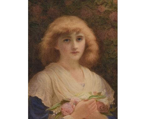 Edward Tayler (British 1828-1906)Portrait of a girl holding flowersWatercolour 44.5 x 34cm (17½ x 13¼ in.)Condition Report: T