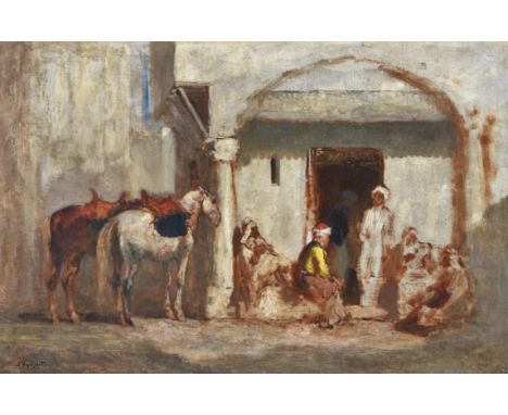 Jules Jacques Veyrassat (French 1828-1893)Horses and figures resting outside an inn, a studyOil on canvas Signed lower right 