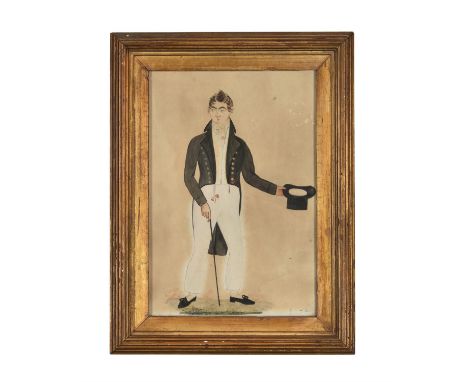 English School (19th century)Portrait of a Regency Dandy, small full-length, holding a top hatPen, ink and watercolour23.5 x 