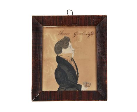 Amos Holbrook (American, early 19th century)Portrait of Aaron Gould, small half-length, in a black coat, holding a bookPen, i