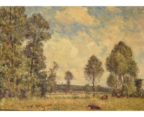 James Charles (British 1851-1906) Cows in a meadow landscapeOil on canvasSigned lower left43 x 58cm (16¾ x 22¾ in.)It has bee