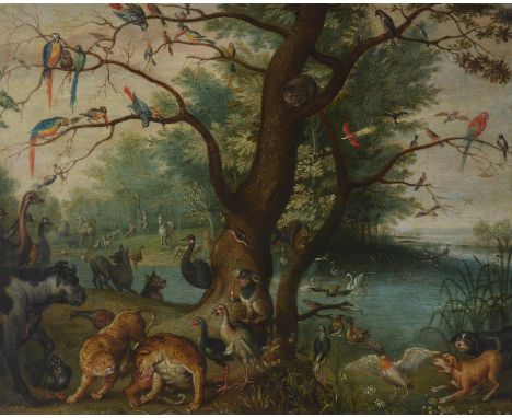 Follower of Jan Brueghel the Younger The Garden of Eden, with the Fall of ManOil on copper 29 x 36cm (11¼ x 14 in.)Provenance