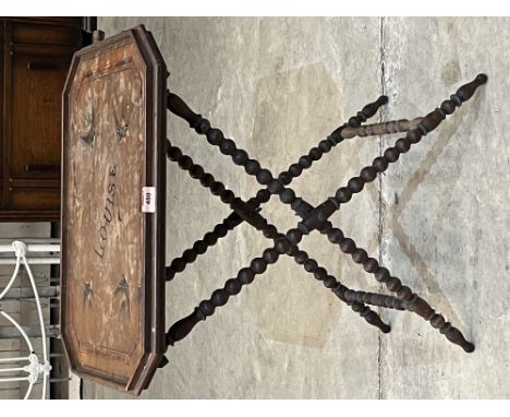 A late Victorian butlers tray on bobbin turned stand, the banded tray painted with four swallows and name 'Louise'. 23' wide