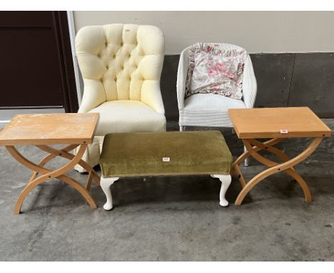 A pair of Laura Ashley folding occasional tables; button-back chair; a loom chair and a stool (5)