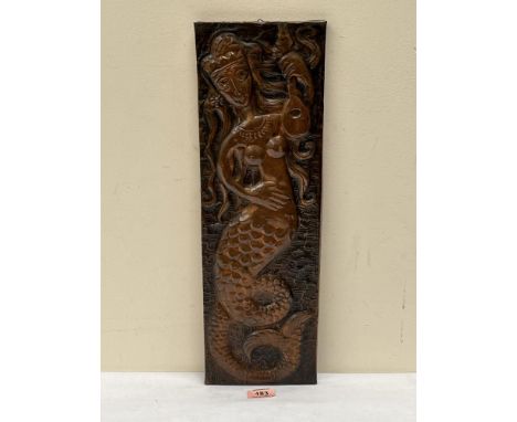 An Arts and Crafts copper repousse panel depicting a mermaid with a lute. Possibly Cornish. 19½' x 6'