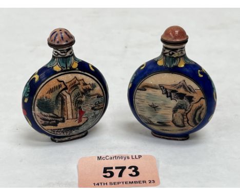 A pair of Chinese enamel snuff bottles. 2¼' high