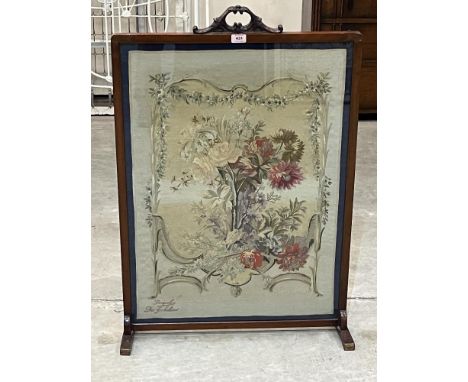 A late 19th century mahogany firescreen, the needlework panel by the Gobelins Manufactory, Paris. 26'w x 36'h
