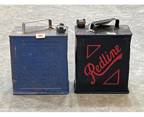 Two vintage petrol cans - BP Motor Spirit and Redline.