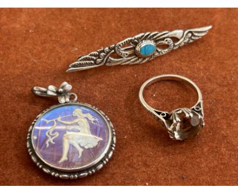 Silver brooch set with turquoise, silver butterfly wing pendant & silver dress ring 