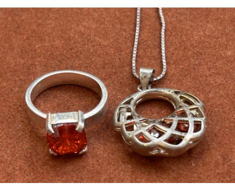 Silver & red stone necklace & ring 