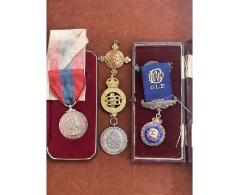 For faithful service boxed medal, HM prison ER cap badge, St Johns ambulance medal, 1929 rifle meeting young soldiers medal &