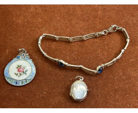 Silver & enamel fob, silver photo pendant, silver & gem stone bracelet 