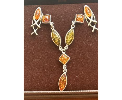 Boxed silver & amber necklace & earring set 